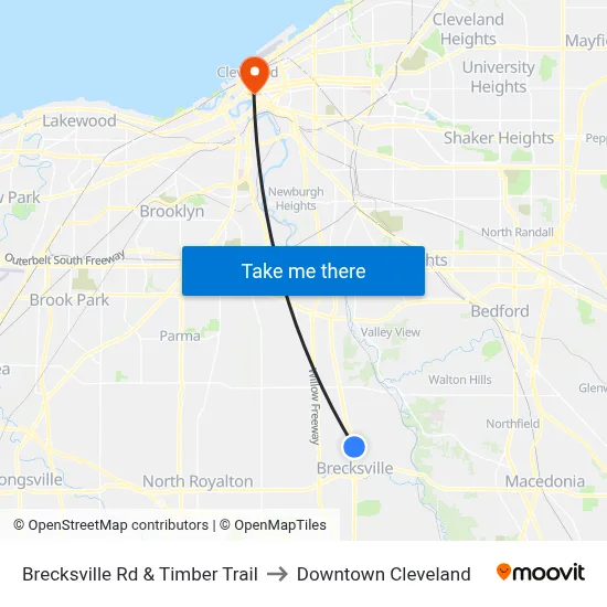 Brecksville Rd & Timber Trail to Downtown Cleveland map