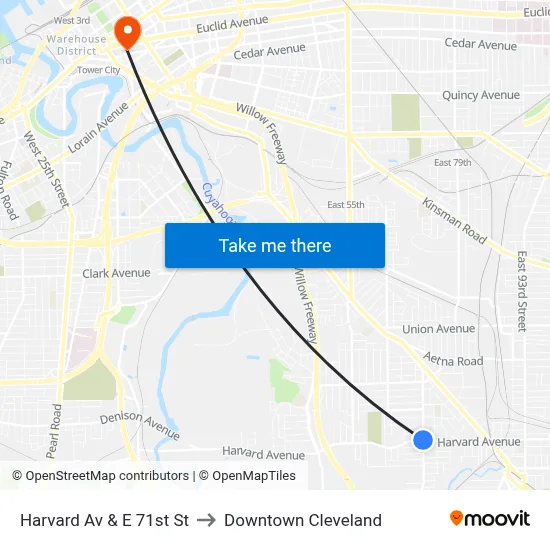Harvard Av & E 71st St to Downtown Cleveland map