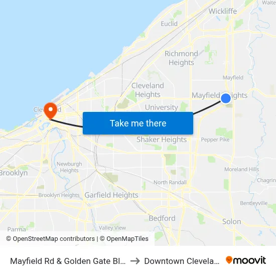 Mayfield Rd & Golden Gate Blvd to Downtown Cleveland map