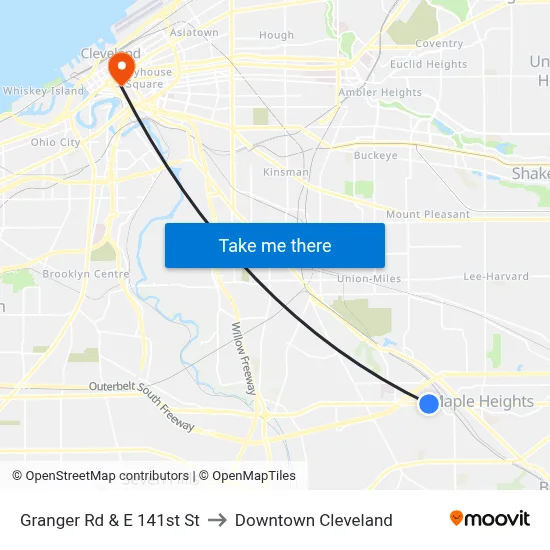 Granger Rd & E 141st St to Downtown Cleveland map