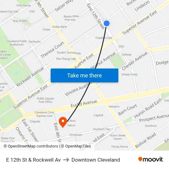 E 12th St & Rockwell Av to Downtown Cleveland map