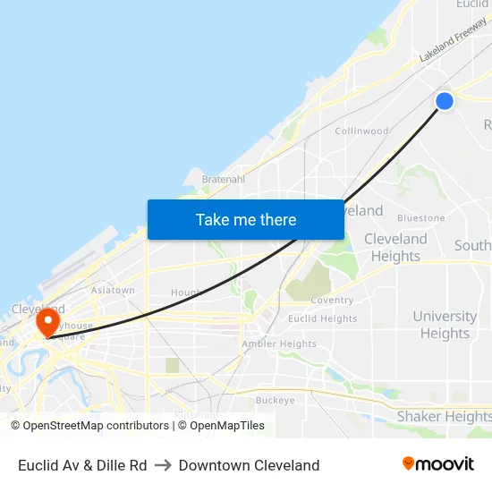Euclid Av & Dille Rd to Downtown Cleveland map
