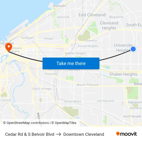Cedar Rd & S Belvoir Blvd to Downtown Cleveland map