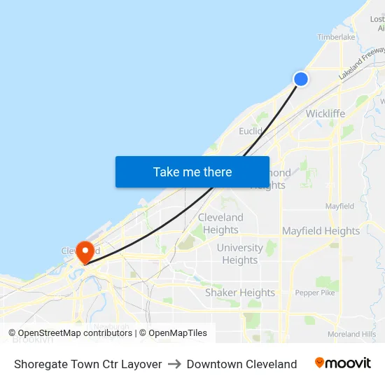 Shoregate Town Ctr Layover to Downtown Cleveland map