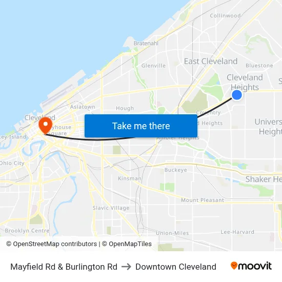 Mayfield Rd & Burlington Rd to Downtown Cleveland map