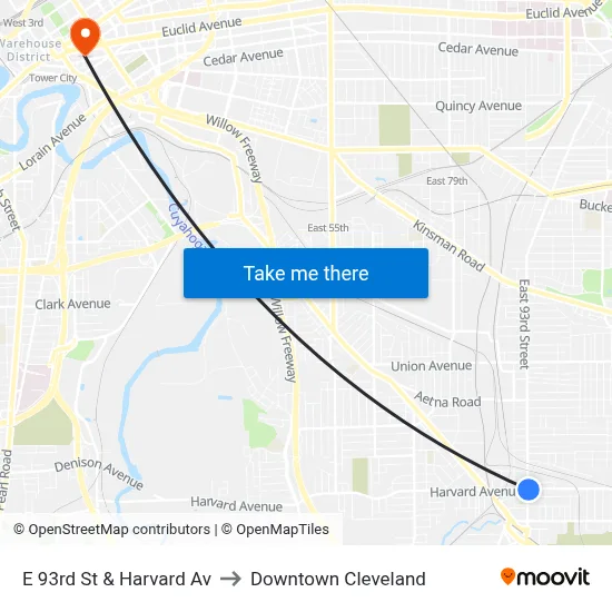 E 93rd St & Harvard Av to Downtown Cleveland map
