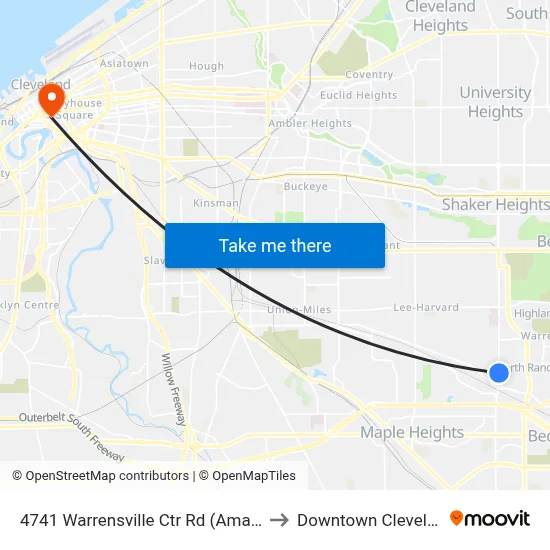 4741 Warrensville Ctr Rd (Amazon) to Downtown Cleveland map