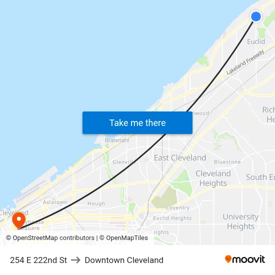 254 E 222nd St to Downtown Cleveland map