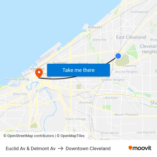 Euclid Av & Delmont Av to Downtown Cleveland map