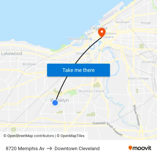 8720 Memphis Av to Downtown Cleveland map