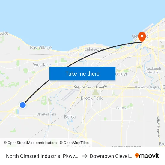 North Olmsted Industrial Pkwy Loop to Downtown Cleveland map