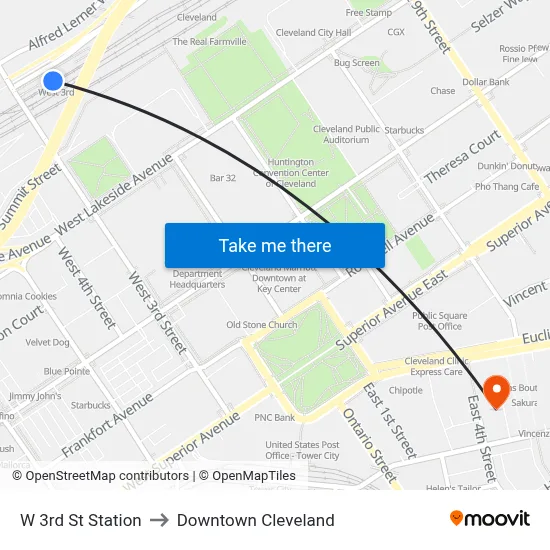 W 3rd St Station to Downtown Cleveland map