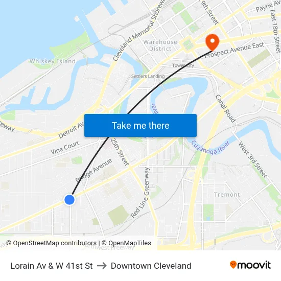 Lorain Av & W 41st St to Downtown Cleveland map