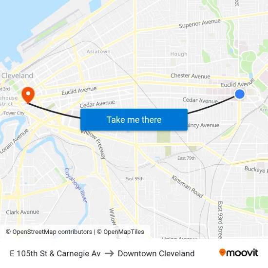 E 105th St & Carnegie Av to Downtown Cleveland map