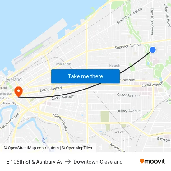 E 105th St & Ashbury Av to Downtown Cleveland map
