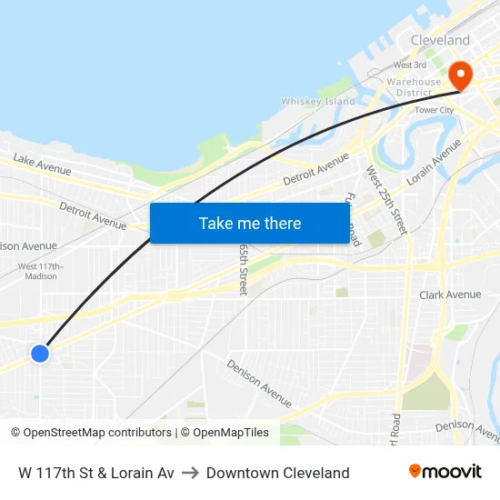 W 117th St & Lorain Av to Downtown Cleveland map