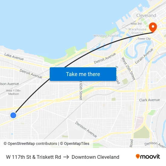 W 117th St & Triskett Rd to Downtown Cleveland map
