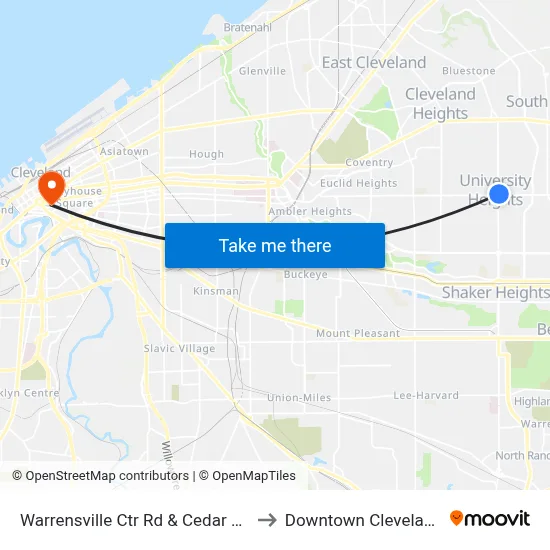 Warrensville Ctr Rd & Cedar Rd to Downtown Cleveland map
