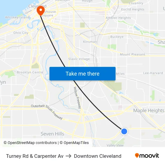 Turney Rd & Carpenter Av to Downtown Cleveland map