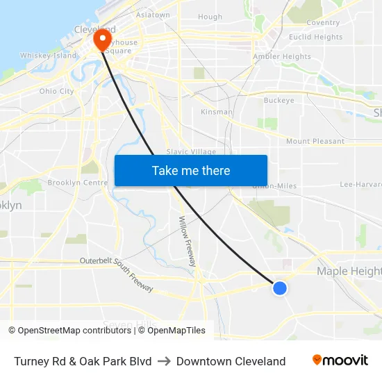 Turney Rd & Oak Park Blvd to Downtown Cleveland map