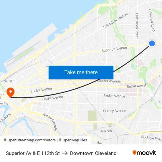 Superior Av & E 112th St to Downtown Cleveland map