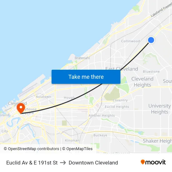 Euclid Av & E 191st St to Downtown Cleveland map