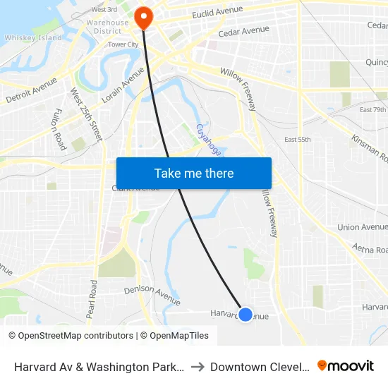 Harvard Av & Washington Park Blvd to Downtown Cleveland map