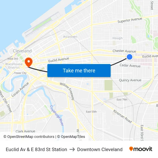 Euclid Av & E 83rd St Station to Downtown Cleveland map