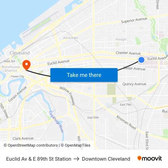Euclid Av & E 89th St Station to Downtown Cleveland map