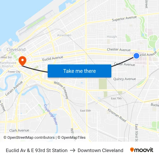 Euclid Av & E 93rd St Station to Downtown Cleveland map