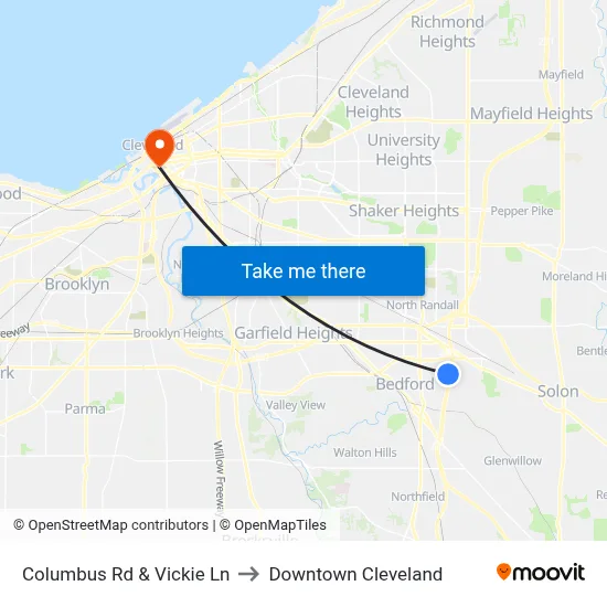Columbus Rd & Vickie Ln to Downtown Cleveland map