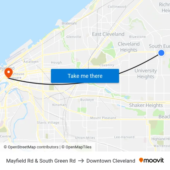 Mayfield Rd & South Green Rd to Downtown Cleveland map