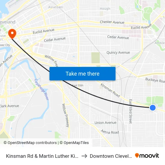 Kinsman Rd & Martin Luther King Dr to Downtown Cleveland map