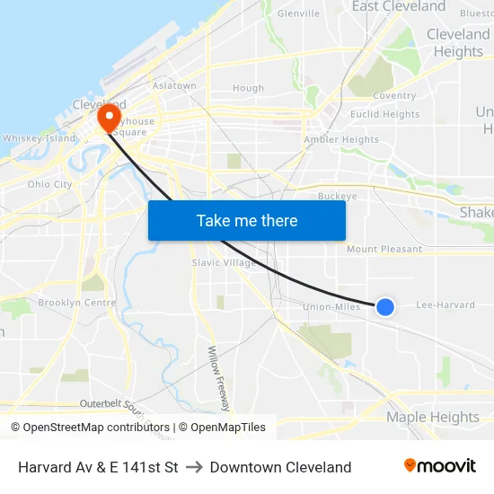Harvard Av & E 141st St to Downtown Cleveland map