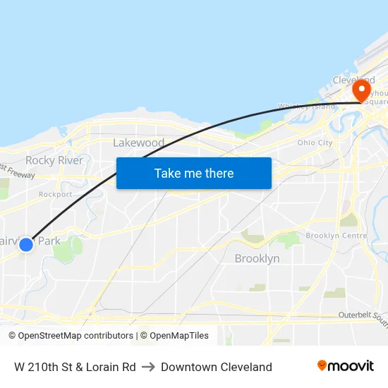 W 210th St & Lorain Rd to Downtown Cleveland map