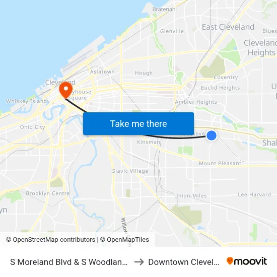 S Moreland Blvd & S Woodland Rd to Downtown Cleveland map