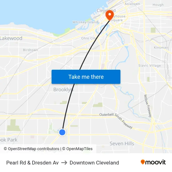 Pearl Rd & Dresden Av to Downtown Cleveland map