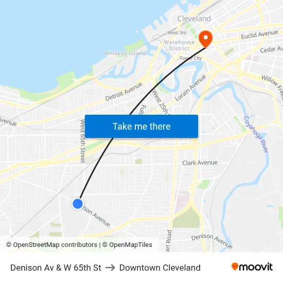 Denison Av & W 65th St to Downtown Cleveland map