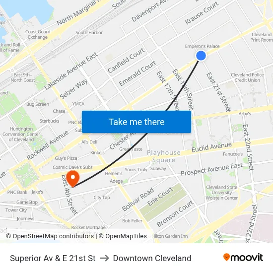 Superior Av & E 21st St to Downtown Cleveland map