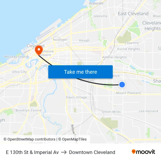 E 130th St & Imperial Av to Downtown Cleveland map