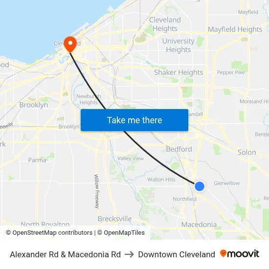 Alexander Rd & Macedonia Rd to Downtown Cleveland map
