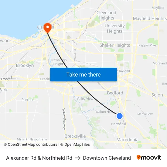 Alexander Rd & Northfield Rd to Downtown Cleveland map