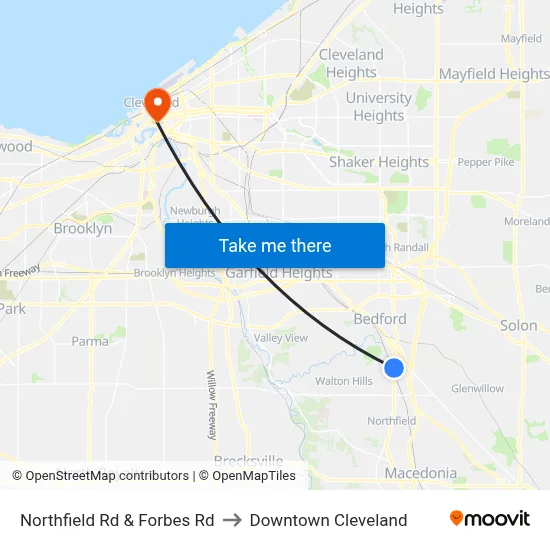Northfield Rd & Forbes Rd to Downtown Cleveland map