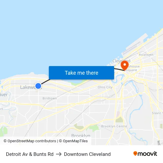 Detroit Av & Bunts Rd to Downtown Cleveland map