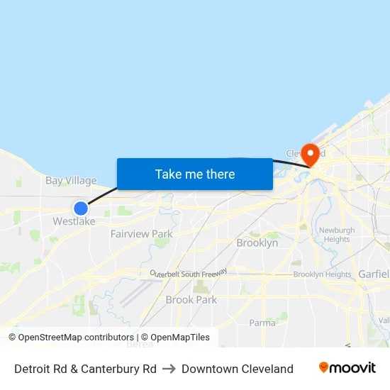 Detroit Rd & Canterbury Rd to Downtown Cleveland map