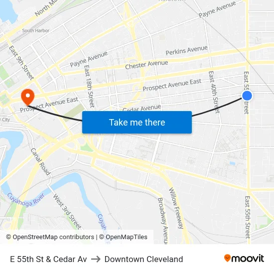 E 55th St & Cedar Av to Downtown Cleveland map