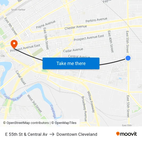 E 55th St & Central Av to Downtown Cleveland map