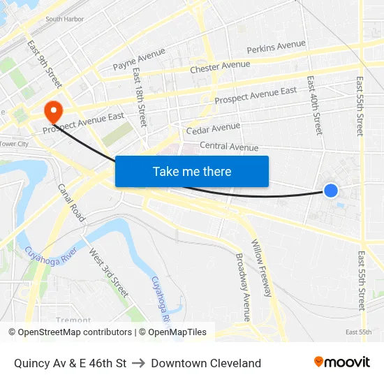 Quincy Av & E 46th St to Downtown Cleveland map