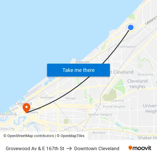 Grovewood Av & E 167th St to Downtown Cleveland map