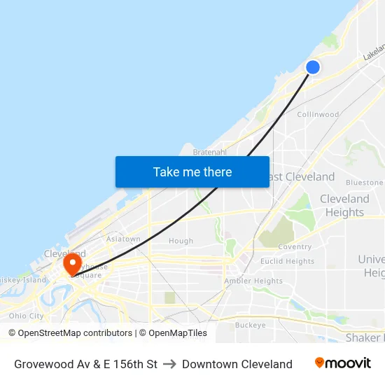 Grovewood Av & E 156th St to Downtown Cleveland map